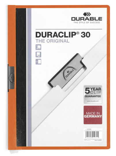 Durable Duraclip 30 Klemmhefter für A4, PVC, orange/weiss – bis 30 Blatt – 1 Stk