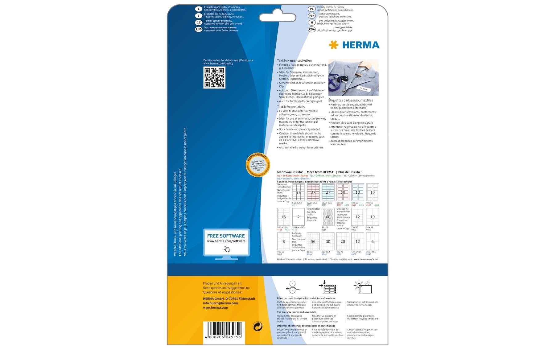 HERMA Schuletiketten – 88,9 × 33,8 mm, abgerundete Ecken, 320 Stk, 20 Bogen, Textil, ablösbar