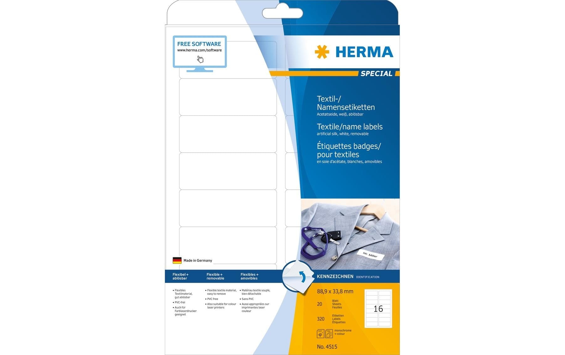 HERMA Schuletiketten – 88,9 × 33,8 mm, abgerundete Ecken, 320 Stk, 20 Bogen, Textil, ablösbar