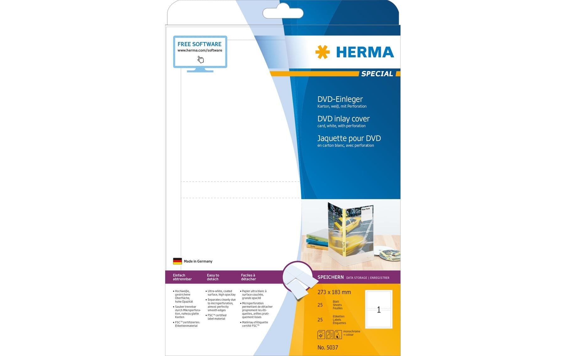 HERMA DVD-Einleger 273 × 183 mm – weiss – 1 pro Blatt, 25 Blätter – für Inkjet-/Laserdrucker und Kopierer