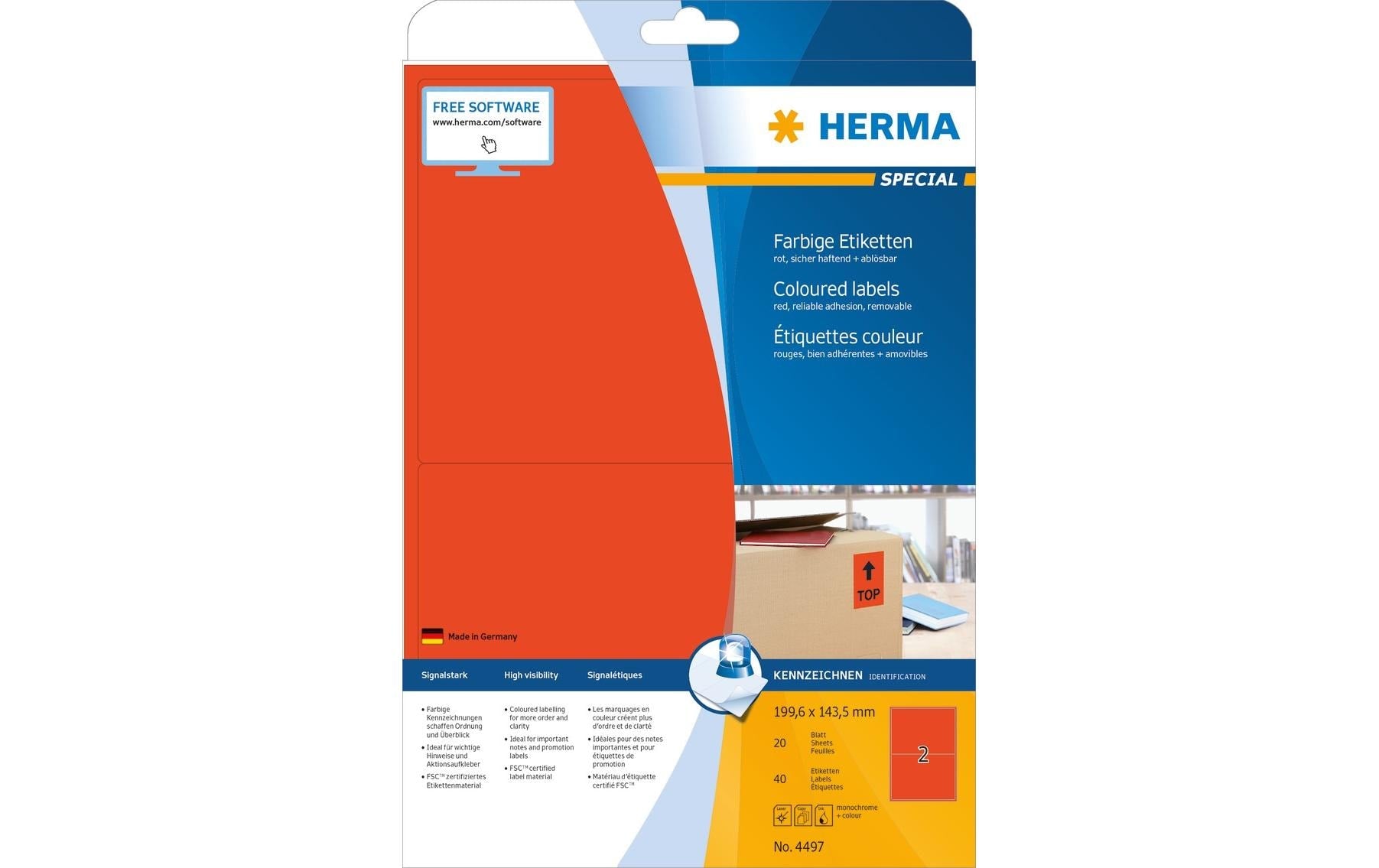 HERMA Bogenetiketten, 200 mm × 144 mm, rot, Papier, wiederablösbar, 20 Blätter (40 Etiketten)