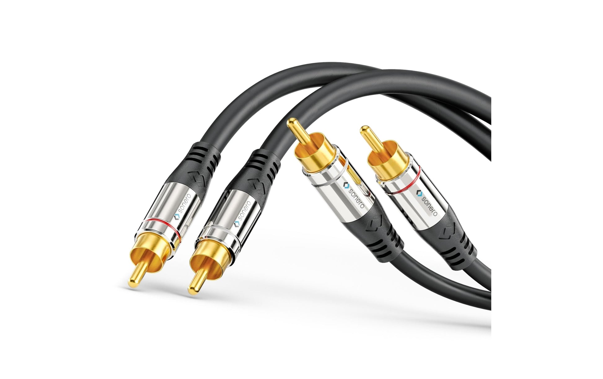 Sonero Cinch-Kabel (2×) – Stecker zu Stecker – 2 m, vergoldete Stecker, magnetisch abgeschirmt, Schwarz
