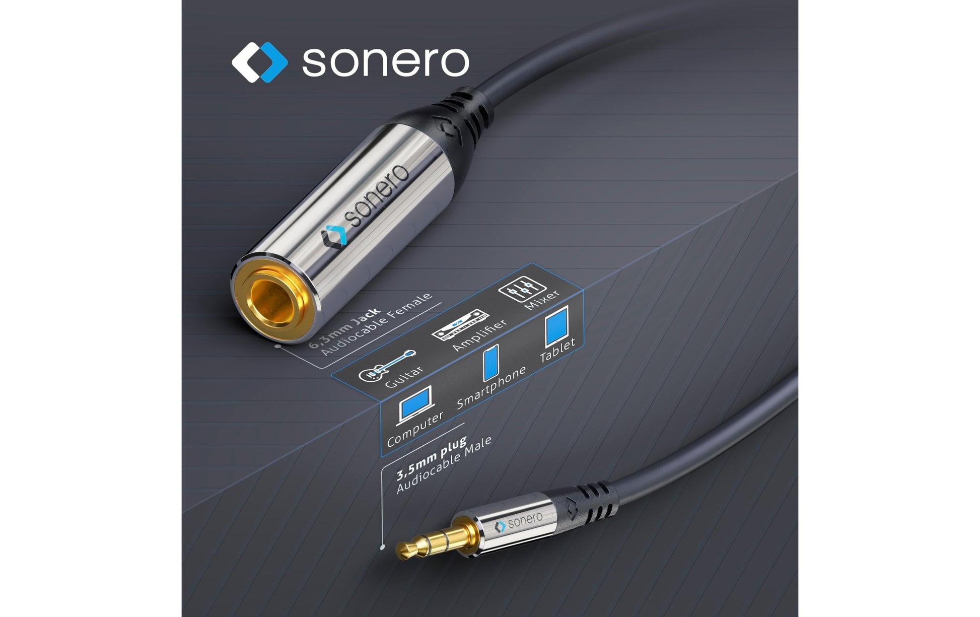 Sonero 3,5 mm auf 6,3 mm Adapterkabel – Stecker zu Stecker – 0,25 m, vergoldete Stecker