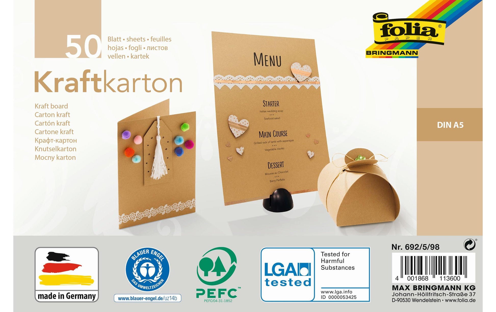 Folia Kraftkarton – Mehrfarbig – A5, 50 Bogen