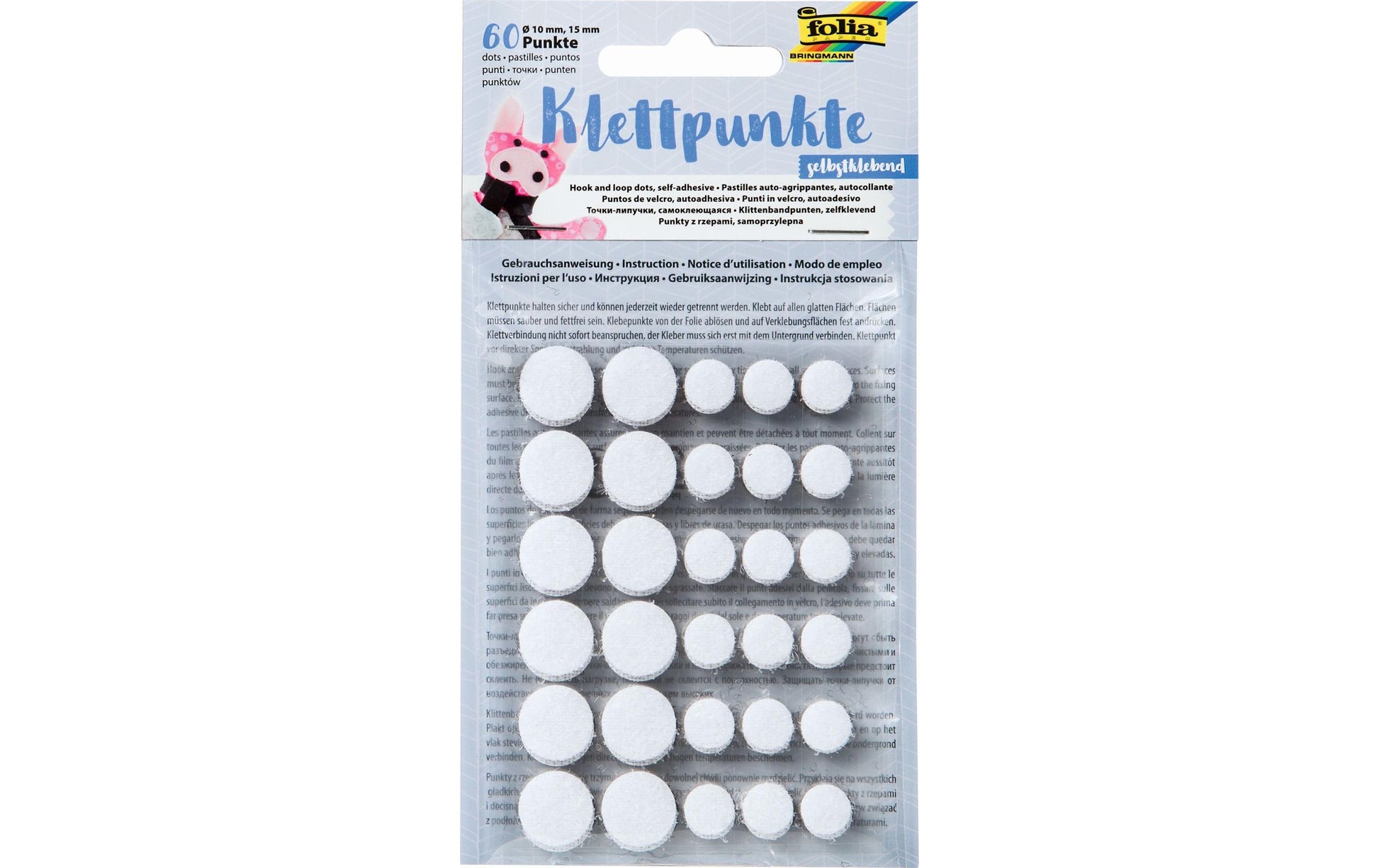 Folia Klettpunkte – selbstklebend, Ø 10 + 15 mm, farbig sortiert, 60 Stück