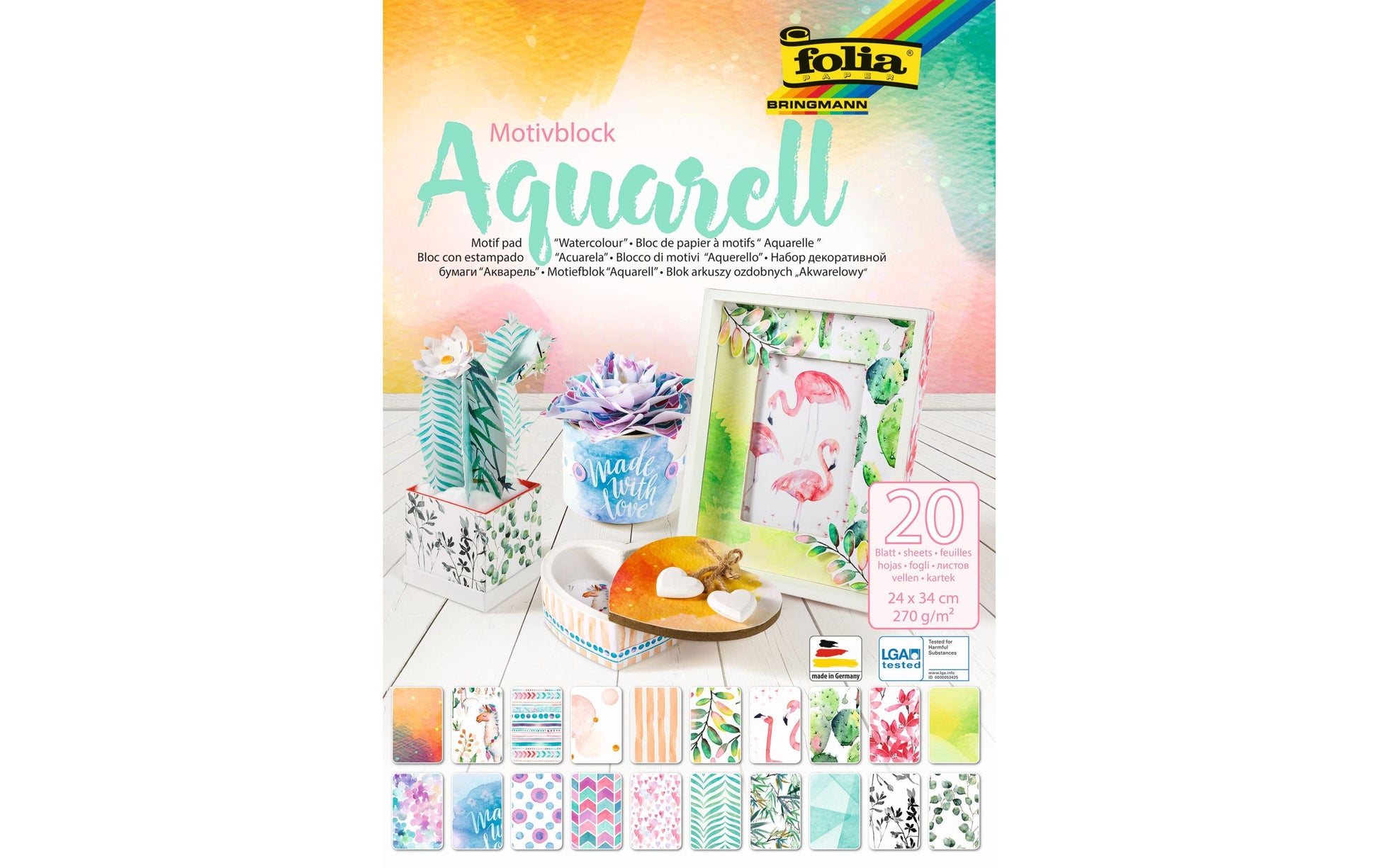 Folia Motivkartonblock Aquarell – 240 × 340 mm – 270 g/m² – sortiert – 20 Blatt