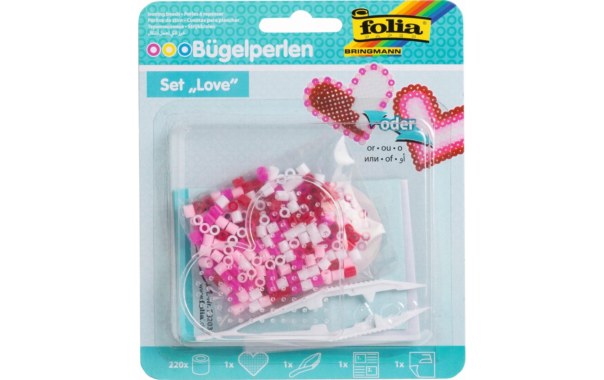Folia Bügelperlen-Set Sweetheart – 220 Bügelperlen, Stiftplatte, Backpapier, Pinzette – 152 × 180 × 19 mm