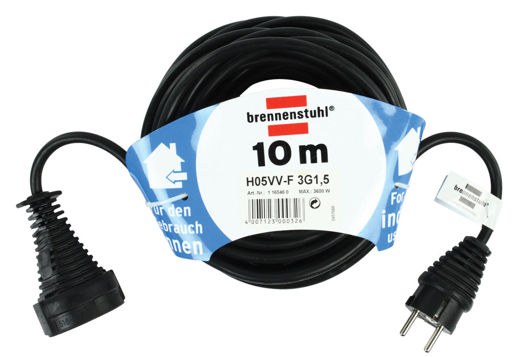 Brennenstuhl Verlängerungskabel – Schuko (Typ E/F)–Schuko (Typ E/F), 10 m, 1,5 mm², schwarz