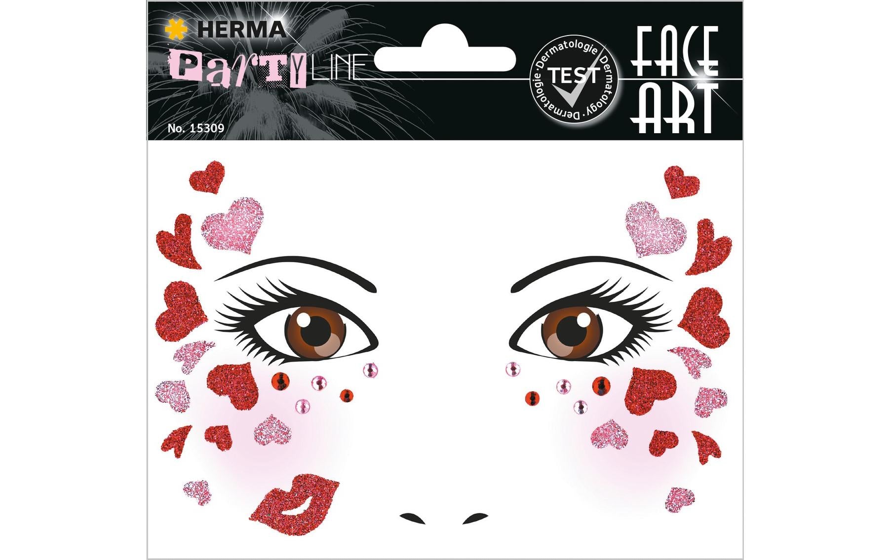 HERMA Face-Art-Sticker, mehrfarbig, Motiv Love, 1 Blatt (34 Etiketten), wiederablösbar, dermatologisch getestet