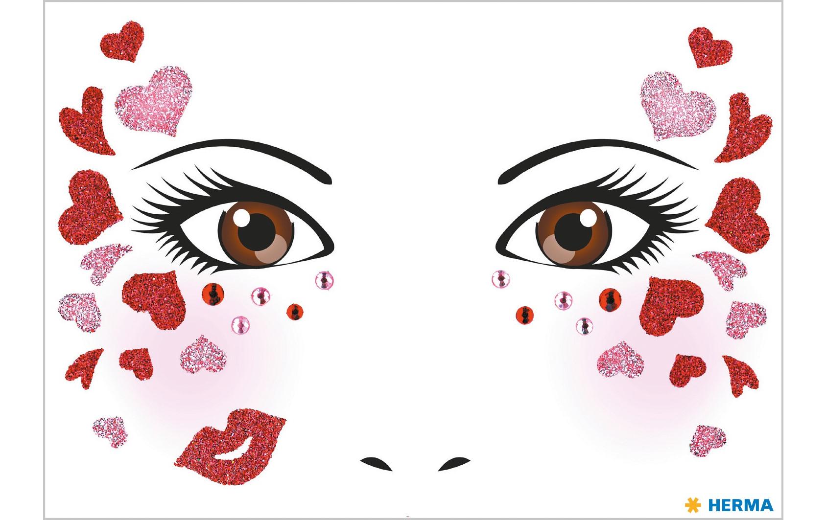 HERMA Face-Art-Sticker, mehrfarbig, Motiv Love, 1 Blatt (34 Etiketten), wiederablösbar, dermatologisch getestet
