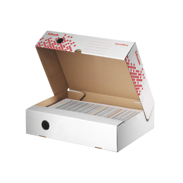 Esselte Speedbox Archivschachtel – für A4, B 80 × H 250 × T 350 mm, mit Verschlusslasche, weiss/rot, 25 Stück