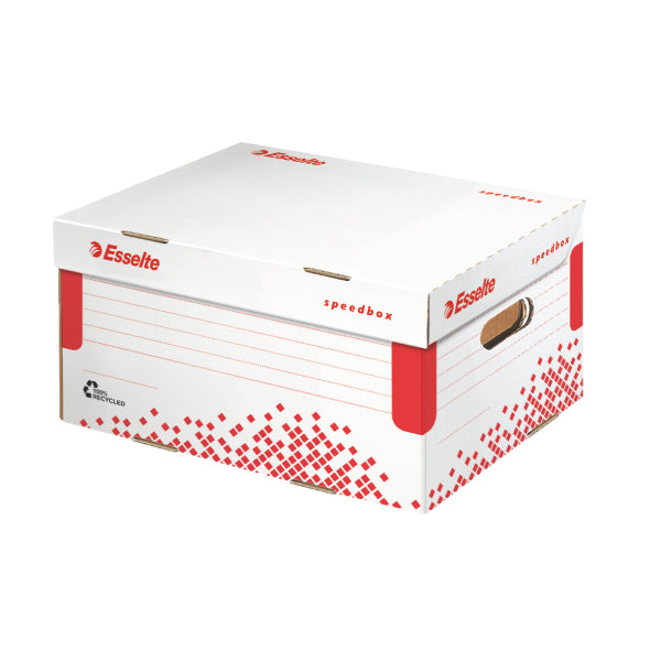 Esselte SPEEDBOX Archivschachtel A4+ – Automatikboden, 252 × 193 × 355 mm, weiss/rot, Karton, 15er Pack