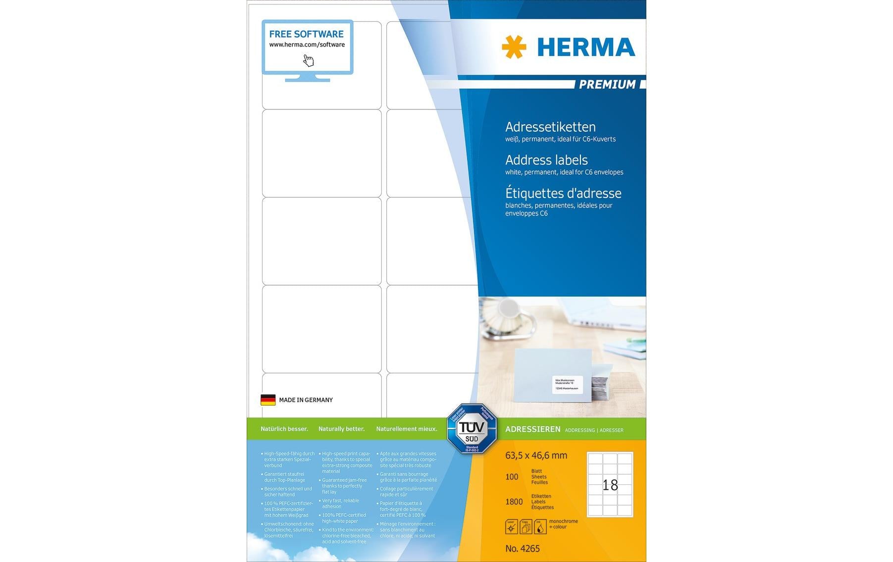 HERMA Adressetiketten, 64 mm × 47 mm, weiss, Papier, permanent, 1800 Etiketten (100 Blatt)