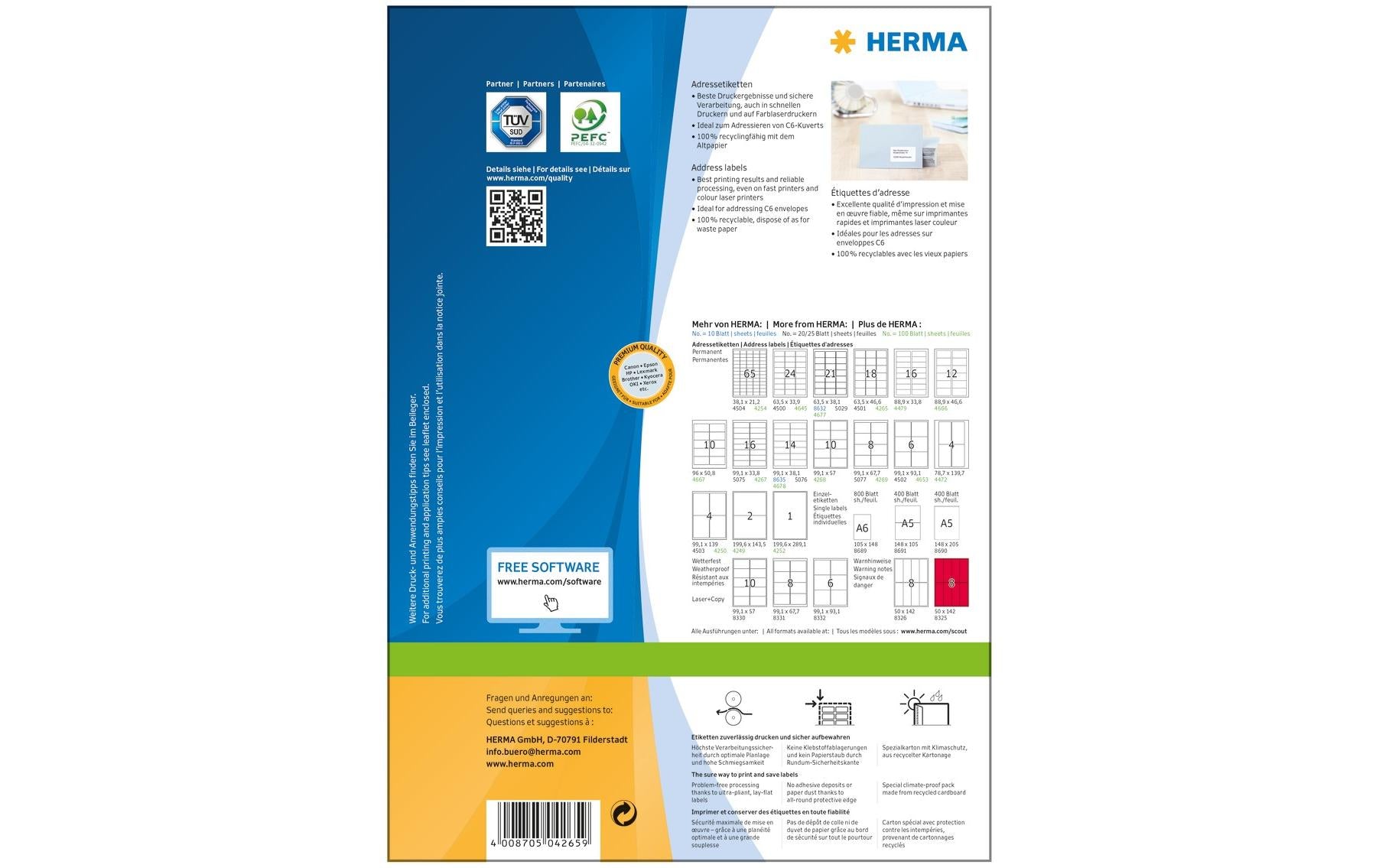 HERMA Adressetiketten, 64 mm × 47 mm, weiss, Papier, permanent, 1800 Etiketten (100 Blatt)
