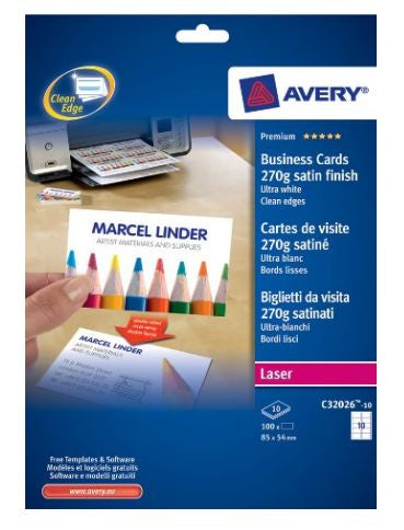 Avery Visitenkarten, 85 × 54 mm – A4, 10 pro Blatt – 100 Karten – FSC-zertifiziert, beidseitig bedruckbar