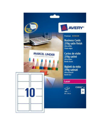 Avery Visitenkarten, 85 × 54 mm – A4, 10 pro Blatt – 100 Karten – FSC-zertifiziert, beidseitig bedruckbar