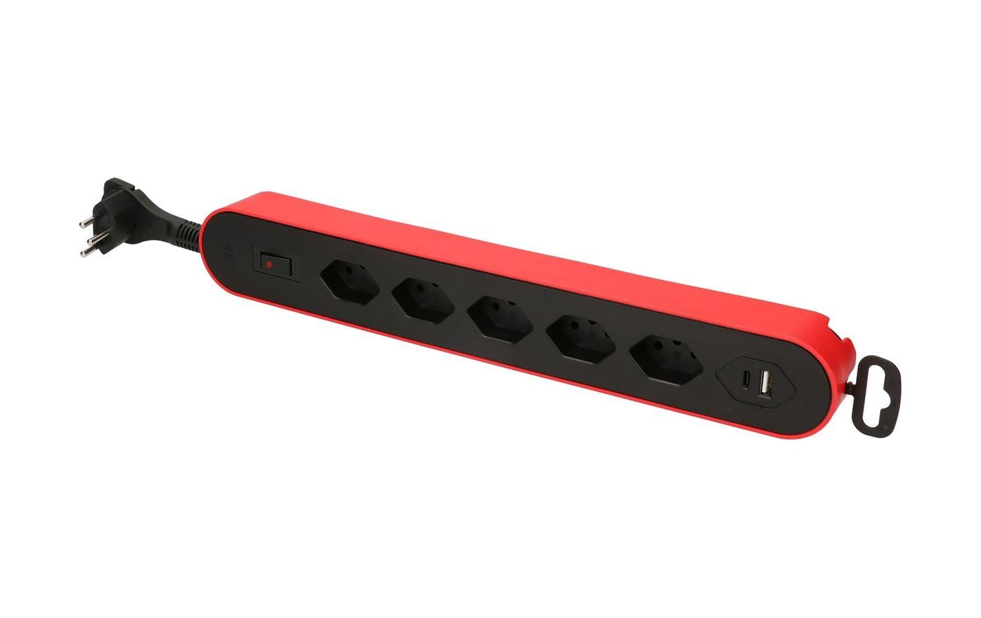 Max Hauri AG Max Hauri Design Line Steckdosenleiste – 5×T13, 2×USB (A+C), mit Schalter, 2,2 m, Überstromschutz – Rot