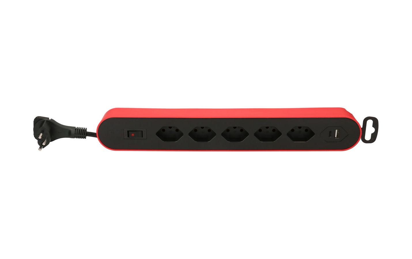 Max Hauri AG Max Hauri Design Line Steckdosenleiste – 5×T13, 2×USB (A+C), mit Schalter, 2,2 m, Überstromschutz – Rot