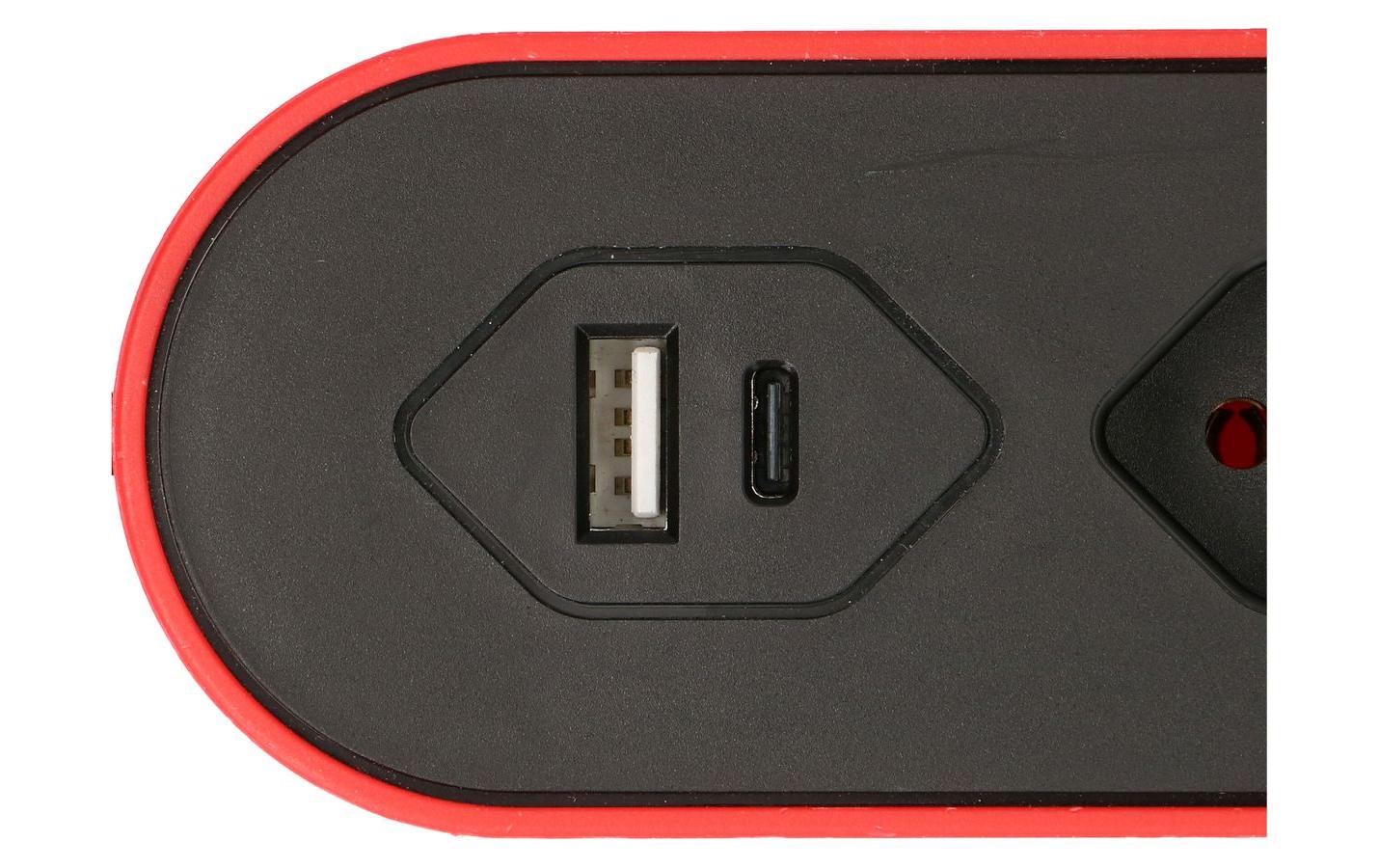 Max Hauri AG Max Hauri Design Line Steckdosenleiste – 5×T13, 2×USB (A+C), mit Schalter, 2,2 m, Überstromschutz – Rot