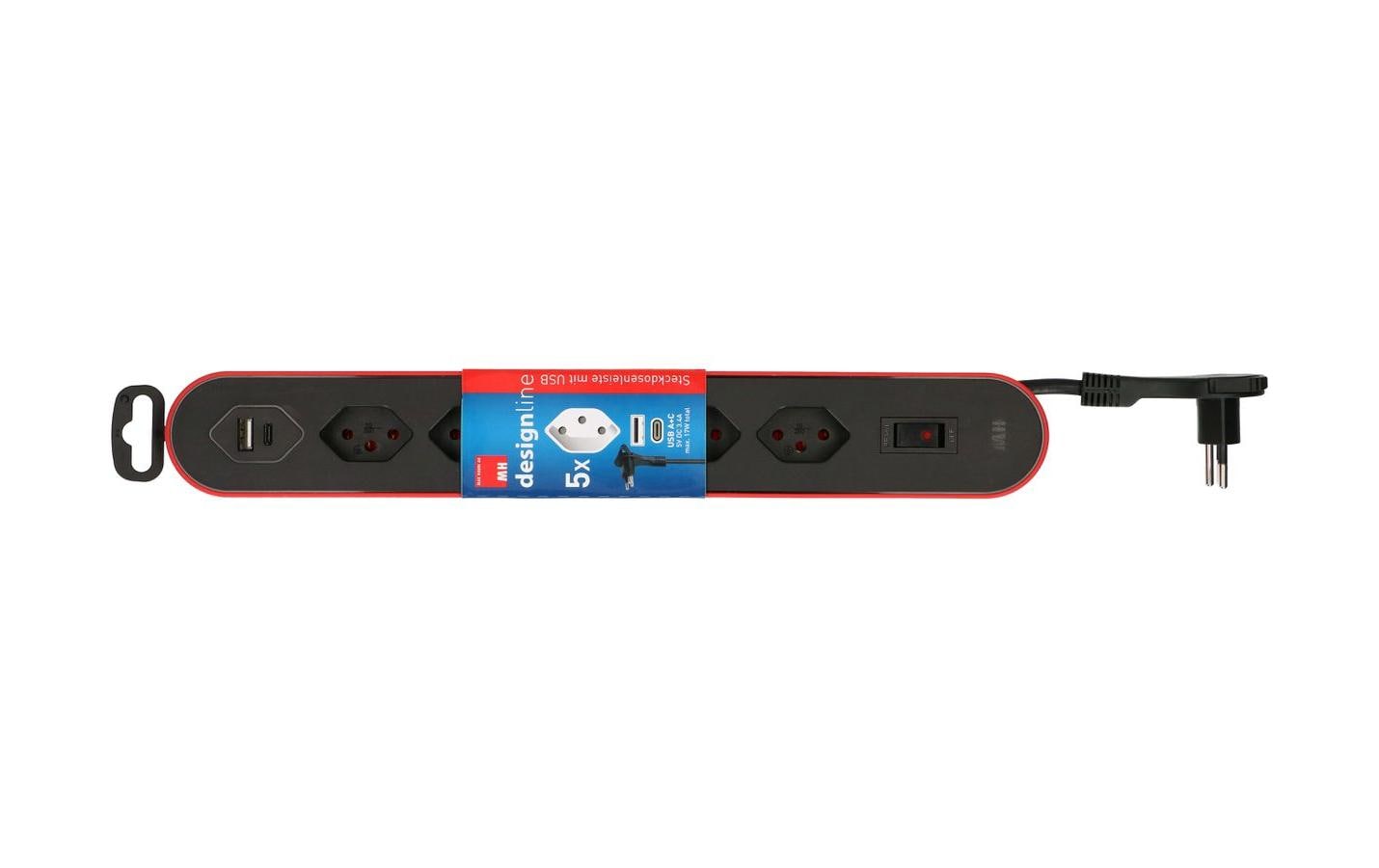 Max Hauri AG Max Hauri Design Line Steckdosenleiste – 5×T13, 2×USB (A+C), mit Schalter, 2,2 m, Überstromschutz – Rot