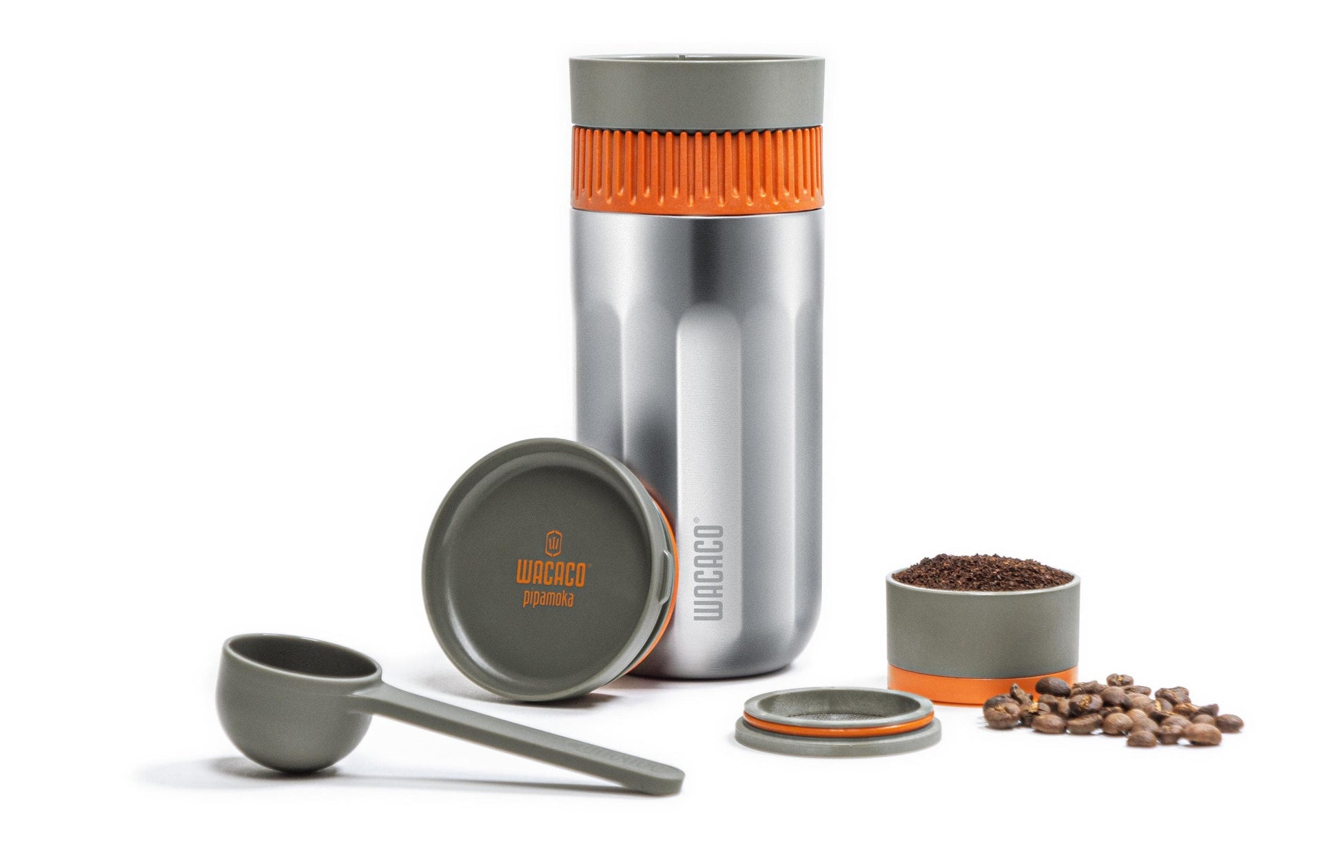 Wacaco Pipamoka Pipa French Press / Kaffeebereiter – 0,3 l, 1 Tasse, Edelstahl/Orange, 7,3 × 18,2 × 7,3 cm