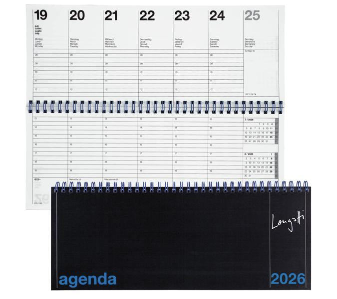 Biella Agenda – 1 Woche/2 Seiten, Spiralbindung, 29,8 × 11,7 cm, 2026, mehrsprachig, schwarz, FSC
