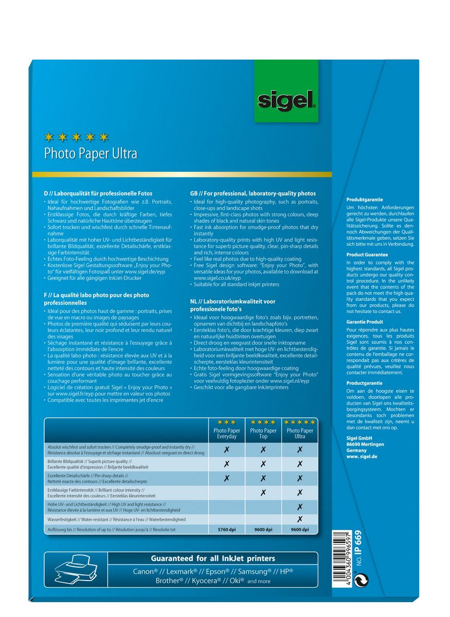 Sigel Fotopapier – seidenmatt, A4, 190 g/m², 50 Blatt – für Inkjet-Drucker