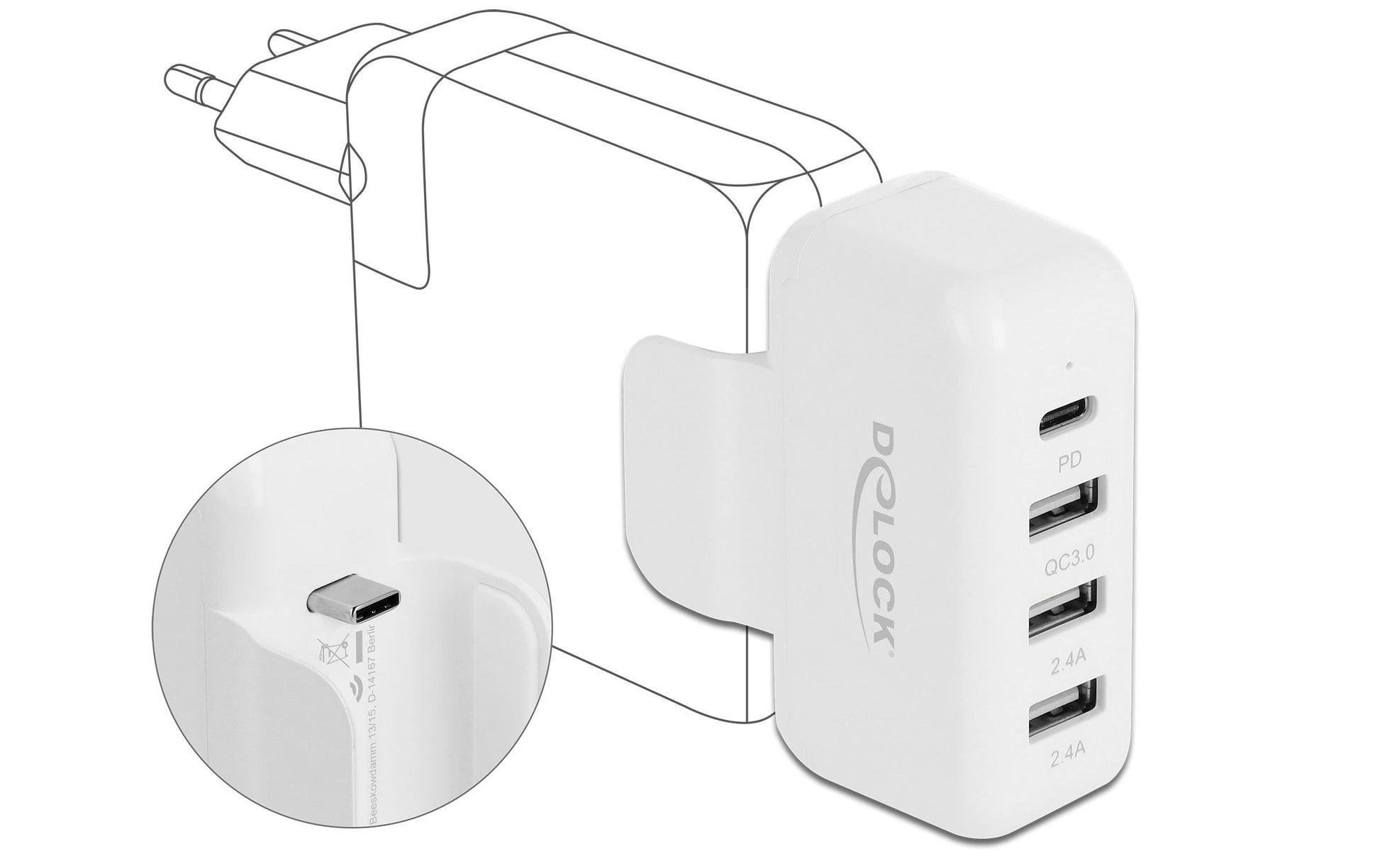 Delock USB-Desktop-Ladegerät 60 W – USB-C×1, USB-A×3 – PD 3.0 – für Apple Netzteil – weiss