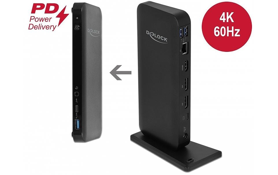 DeLOCK 87746 Dockingstation – USB-C, 2× DP, 1× HDMI, 3× USB-A, 85 W PD, GbE, 3,5 mm Audio, für USB-C-Laptops