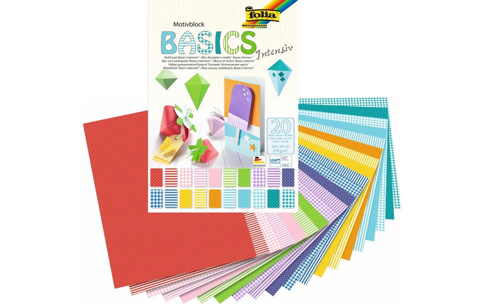Folia Motivkartonblock, Basics intensiv – 240 × 340 mm – 270 g/m² – sortiert – 20 Blatt