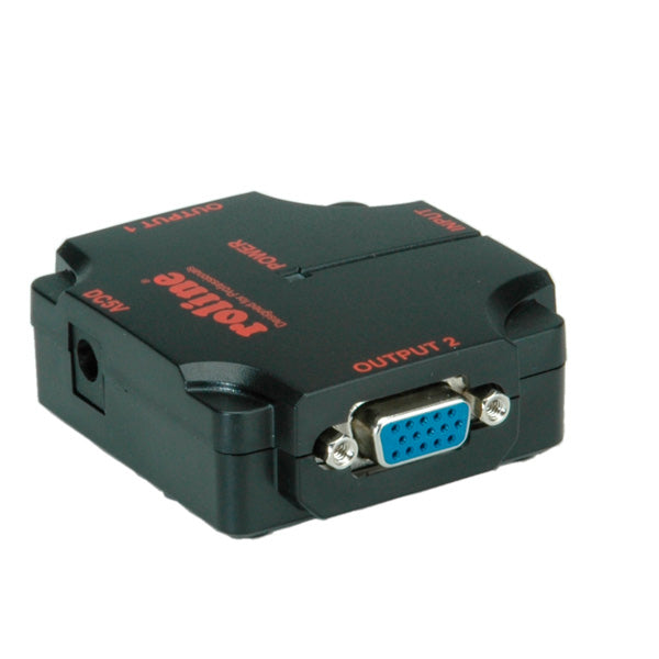 ROLINE VGA-Video-Splitter, 1× VGA In / 2× VGA Out, 1080p, 450 MHz, kaskadierbar, USB-Strom, Schwarz