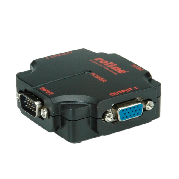 ROLINE VGA-Video-Splitter, 1× VGA In / 2× VGA Out, 1080p, 450 MHz, kaskadierbar, USB-Strom, Schwarz