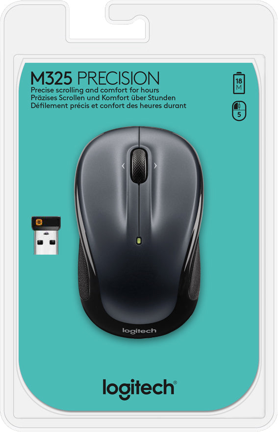 Logitech M325 Maus – kabellos, Bluetooth + 2,4 GHz, Batterieladeanzeige, dunkelgrau