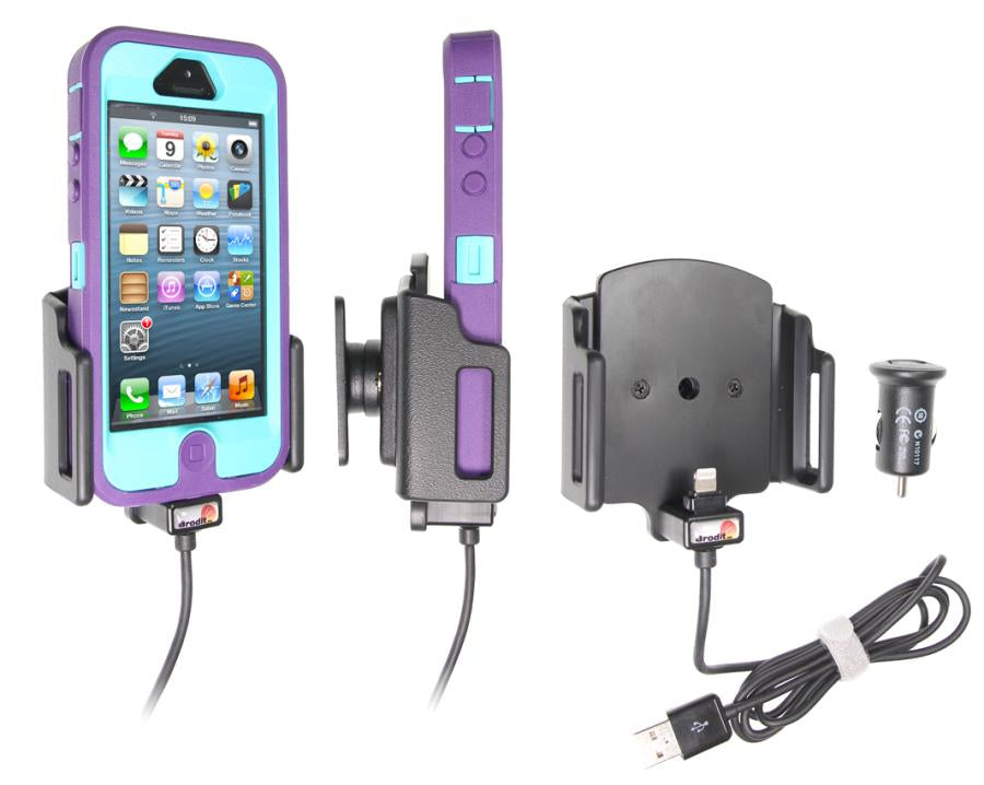 Brodit Active Holder 521504 – Auto-Ladegerät – Zigarettenanzünder/USB, 62–77 mm – für iPhone 5/5C/5S – Schwarz