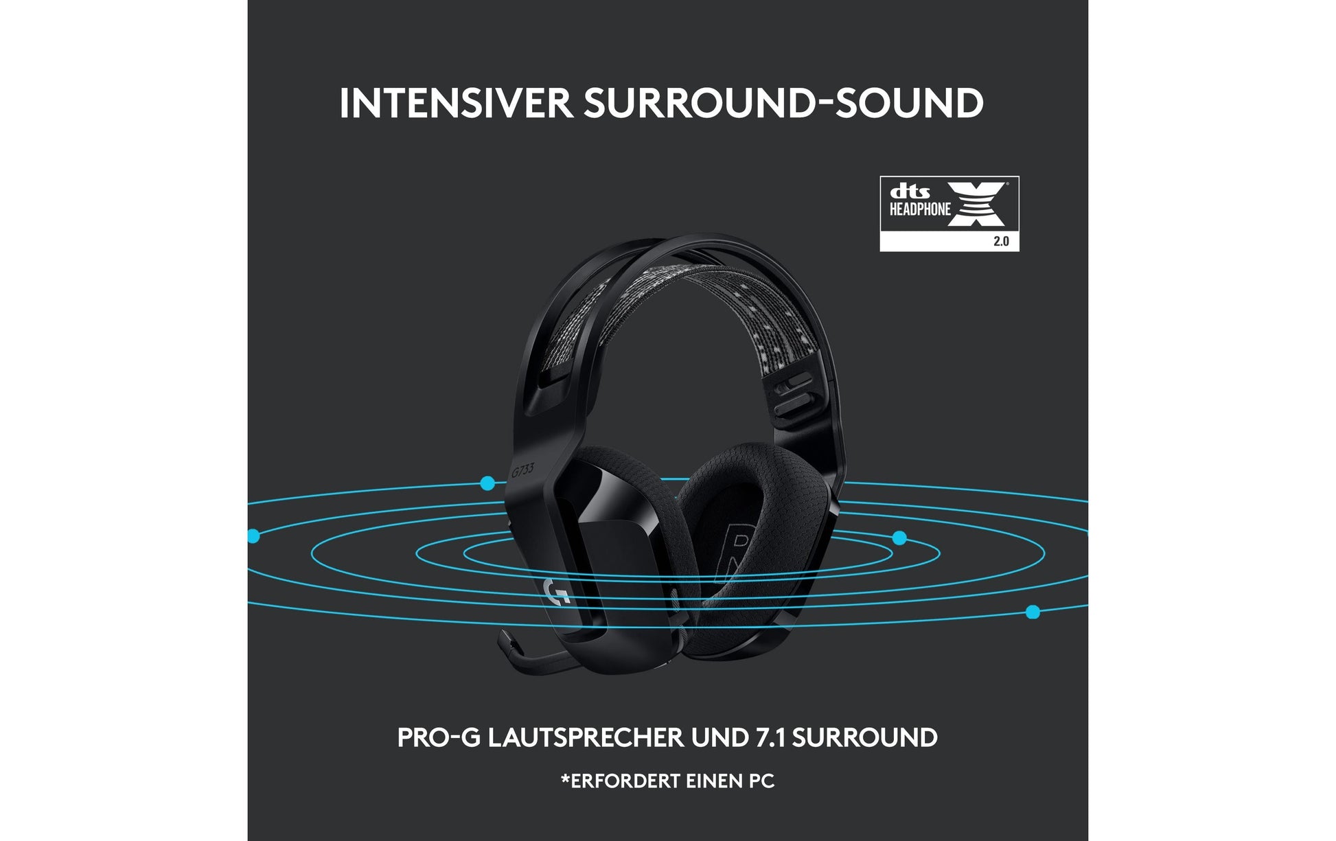 Logitech G G733 Gaming-Headset – Over-Ear, Stereo, Kabellos 2,4 GHz, mit USB-A-Dongle, Schwarz