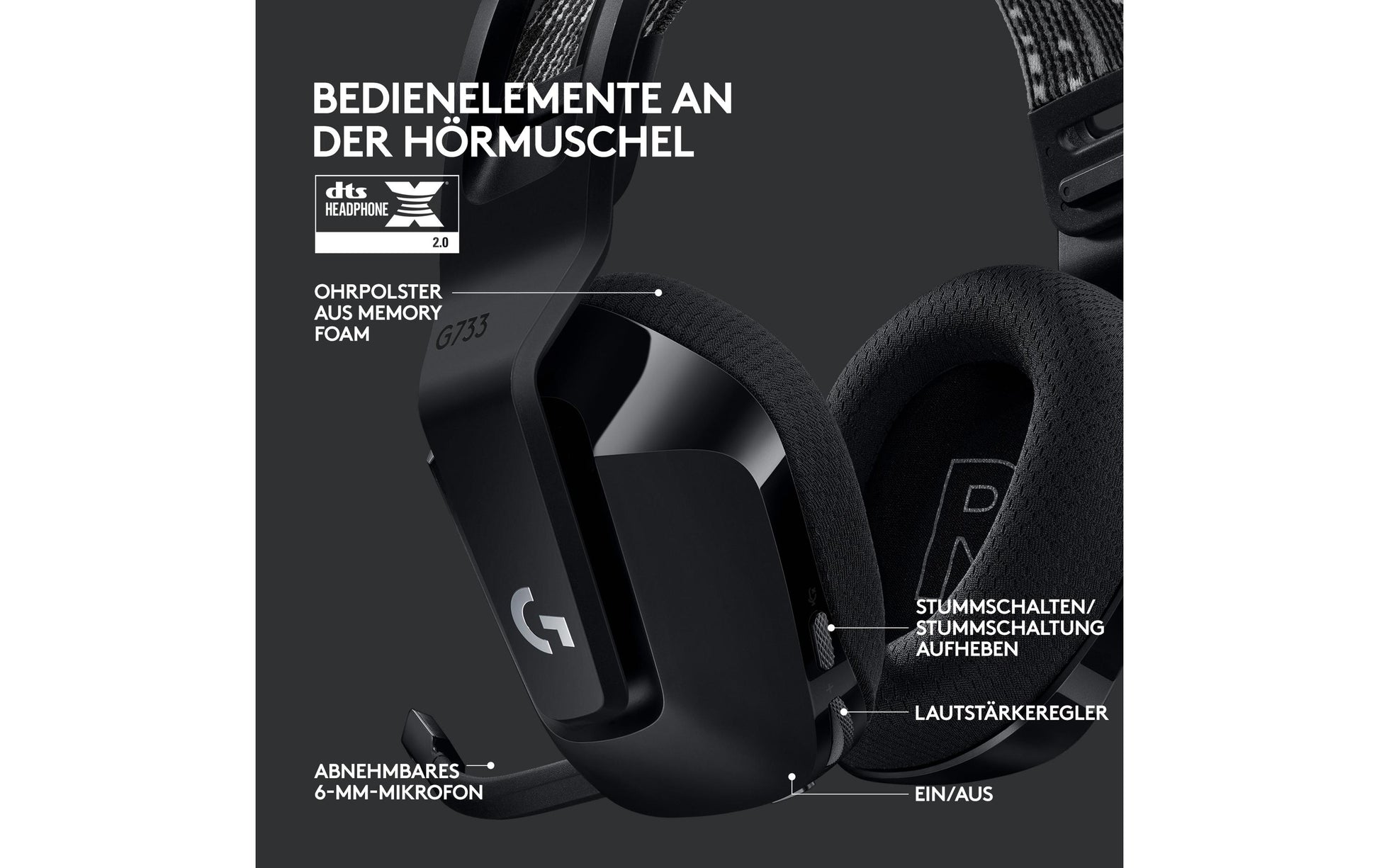 Logitech G G733 Gaming-Headset – Over-Ear, Stereo, Kabellos 2,4 GHz, mit USB-A-Dongle, Schwarz