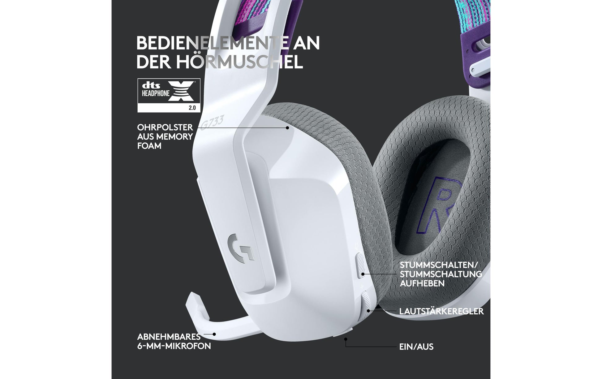 Logitech G G733 Gaming-Headset – Over-Ear, Stereo, Kabellos, mit USB-A-Dongle, Weiss