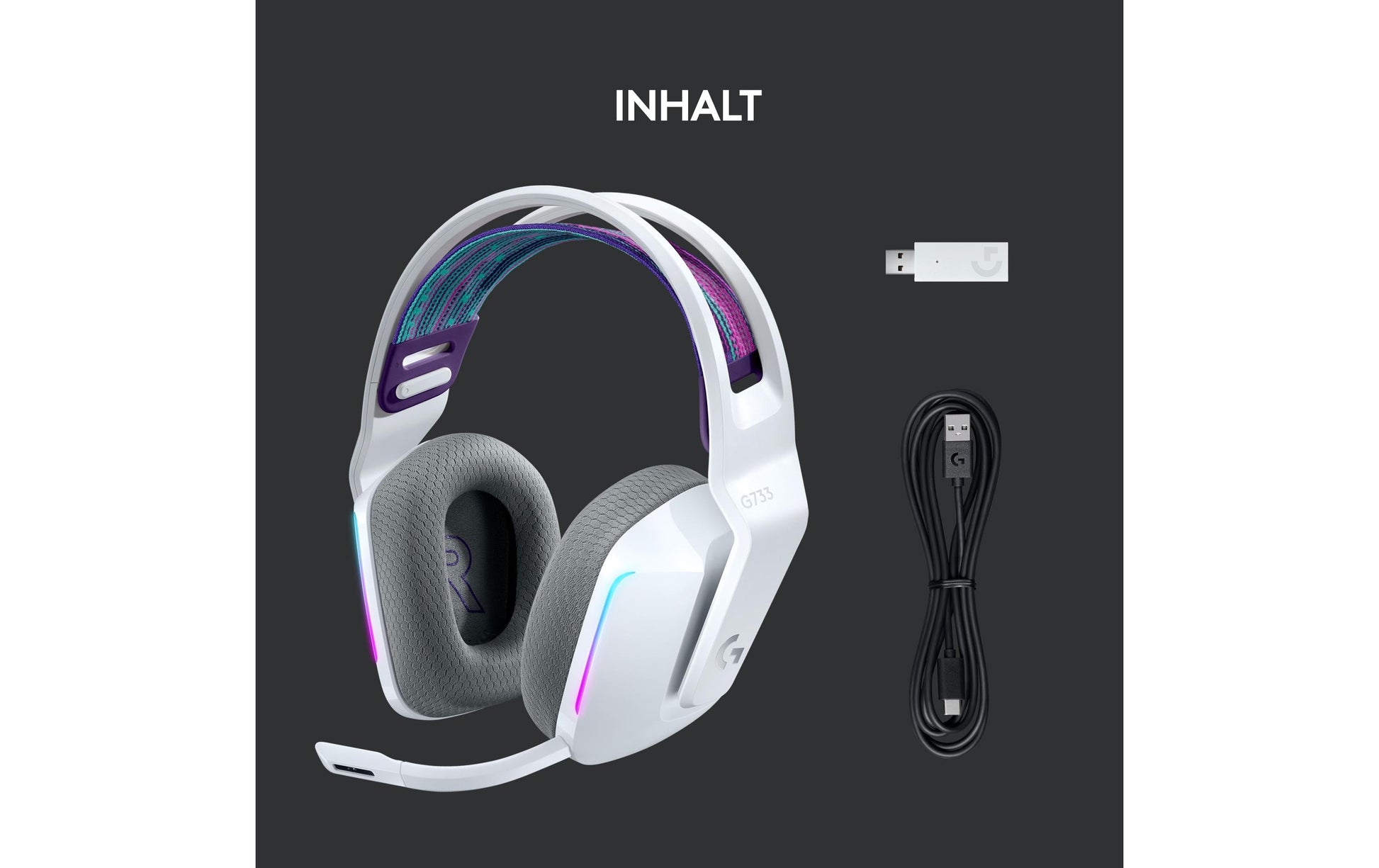 Logitech G G733 Gaming-Headset – Over-Ear, Stereo, Kabellos, mit USB-A-Dongle, Weiss