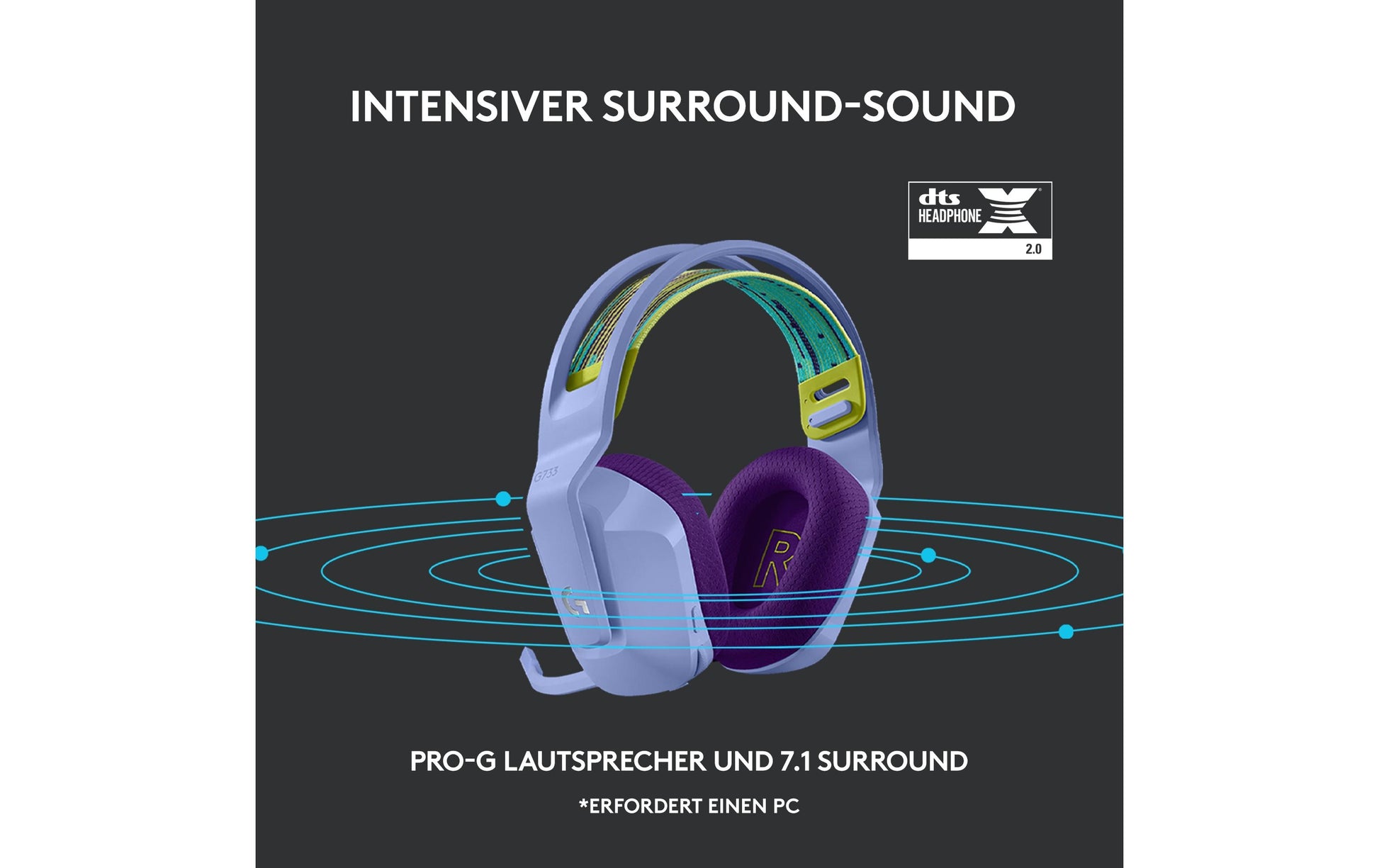 Logitech G G733 LIGHTSPEED Gaming-Headset – Over-Ear, Kabellos, mit USB-A-Dongle, Violett