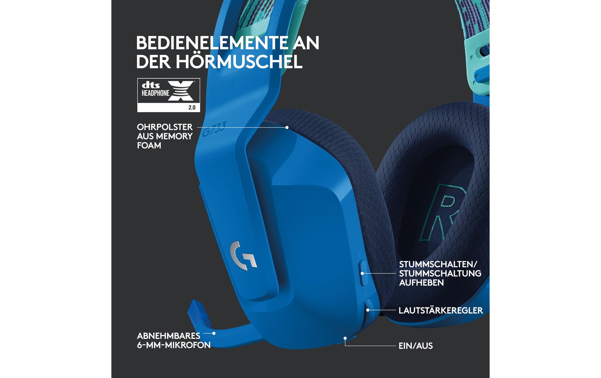 Logitech G G733 LIGHTSPEED Gaming-Headset – Over-Ear, Stereo, Kabellos, mit USB-A-Dongle, Blau