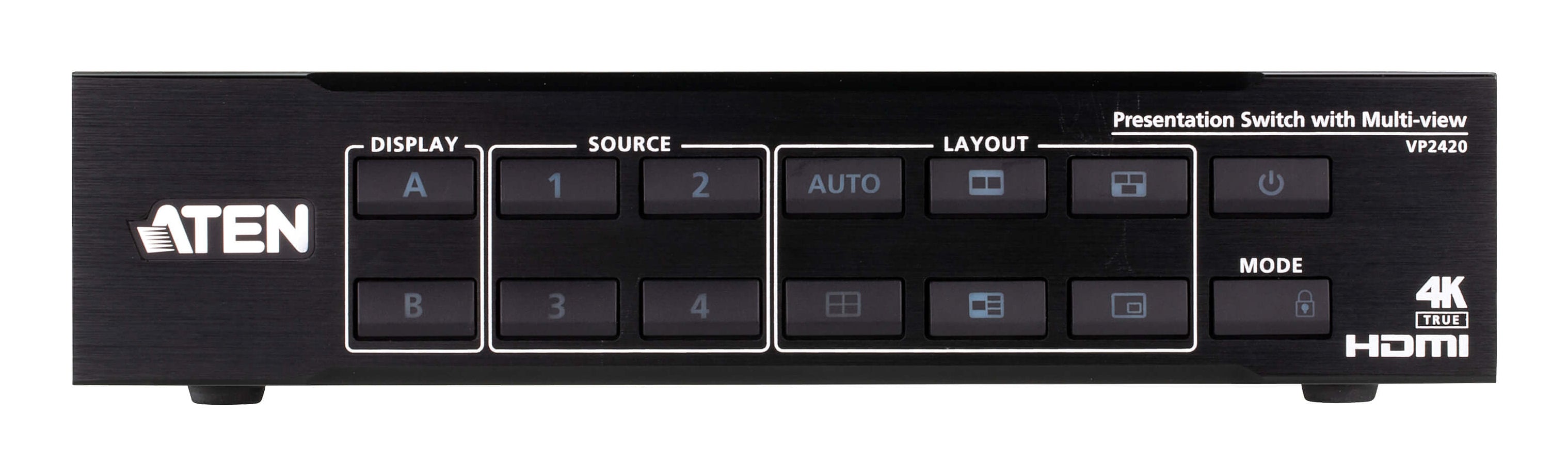ATEN VP2420 – 4×2 HDMI-Matrix, 4K60, Fronttasten, RS-232, IR-Fernbedienung