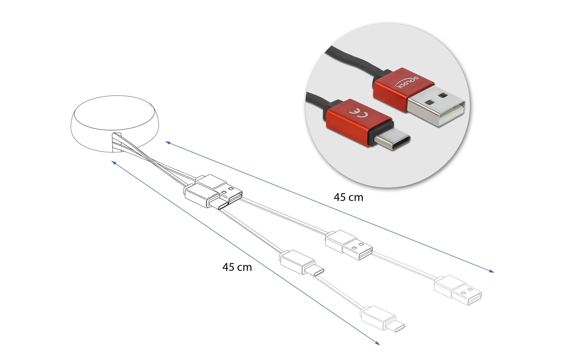 DeLOCK Daten- & Ladekabel – USB-A auf USB-C 0,92 m, 10,5 W, aufrollbar, Schwarz/Rot