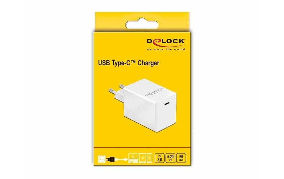 DeLOCK USB-Wandladegerät 60 W – USB-C×1 – PD 3.0, GaN – Weiss