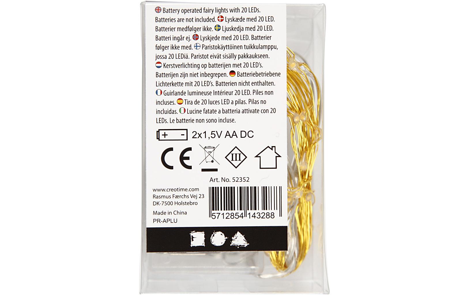 Creativ Company Lichterkette – Starterset, 3,15 m, Warmweiss, nicht dimmbar, Gold, batteriebetrieben, 20 LEDs