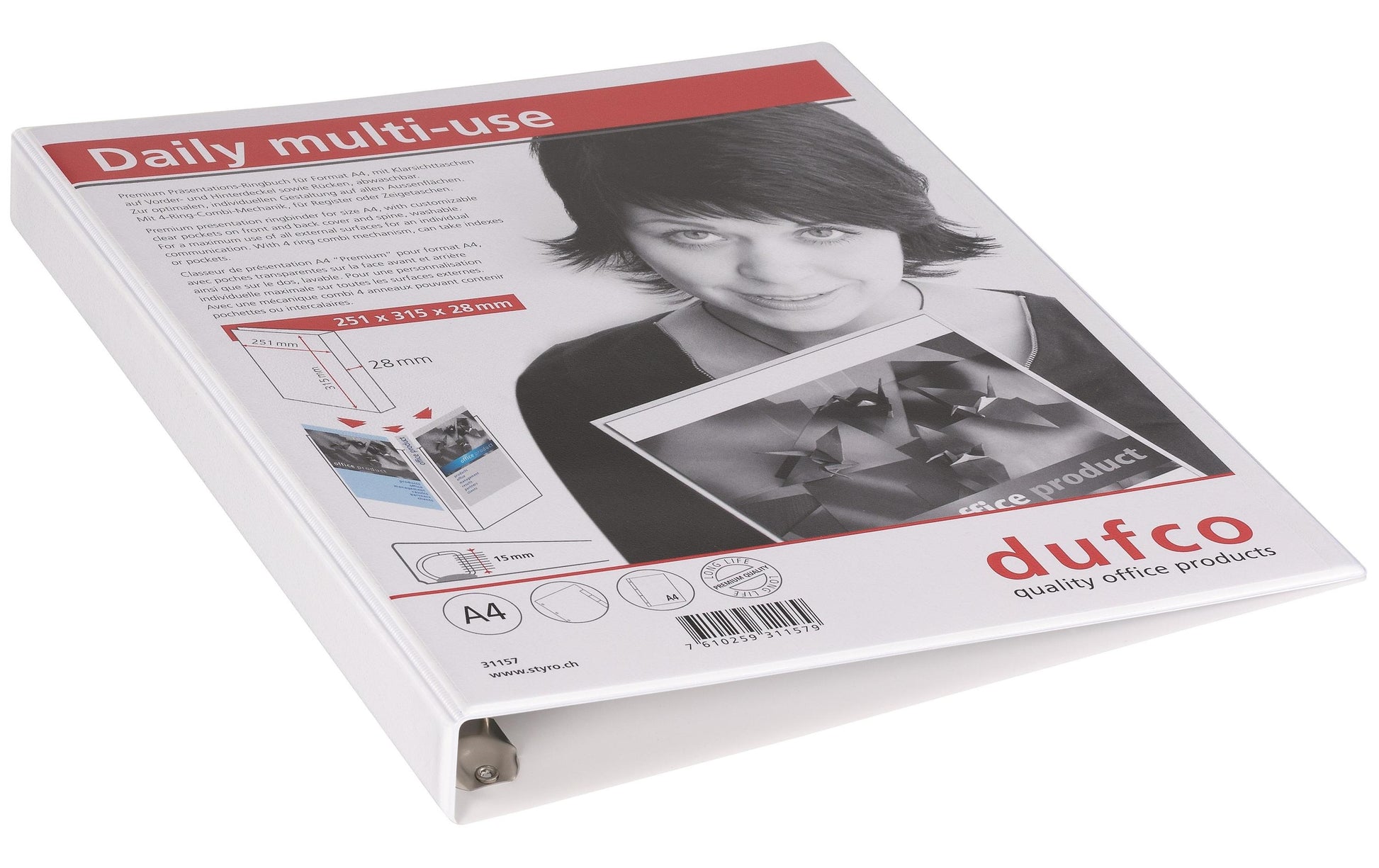 Dufco 31157 Präsentationsringbuch – 4-Ring Ø 16 mm – für A4 – Rückenbreite 2,8 cm – mehrfarbig