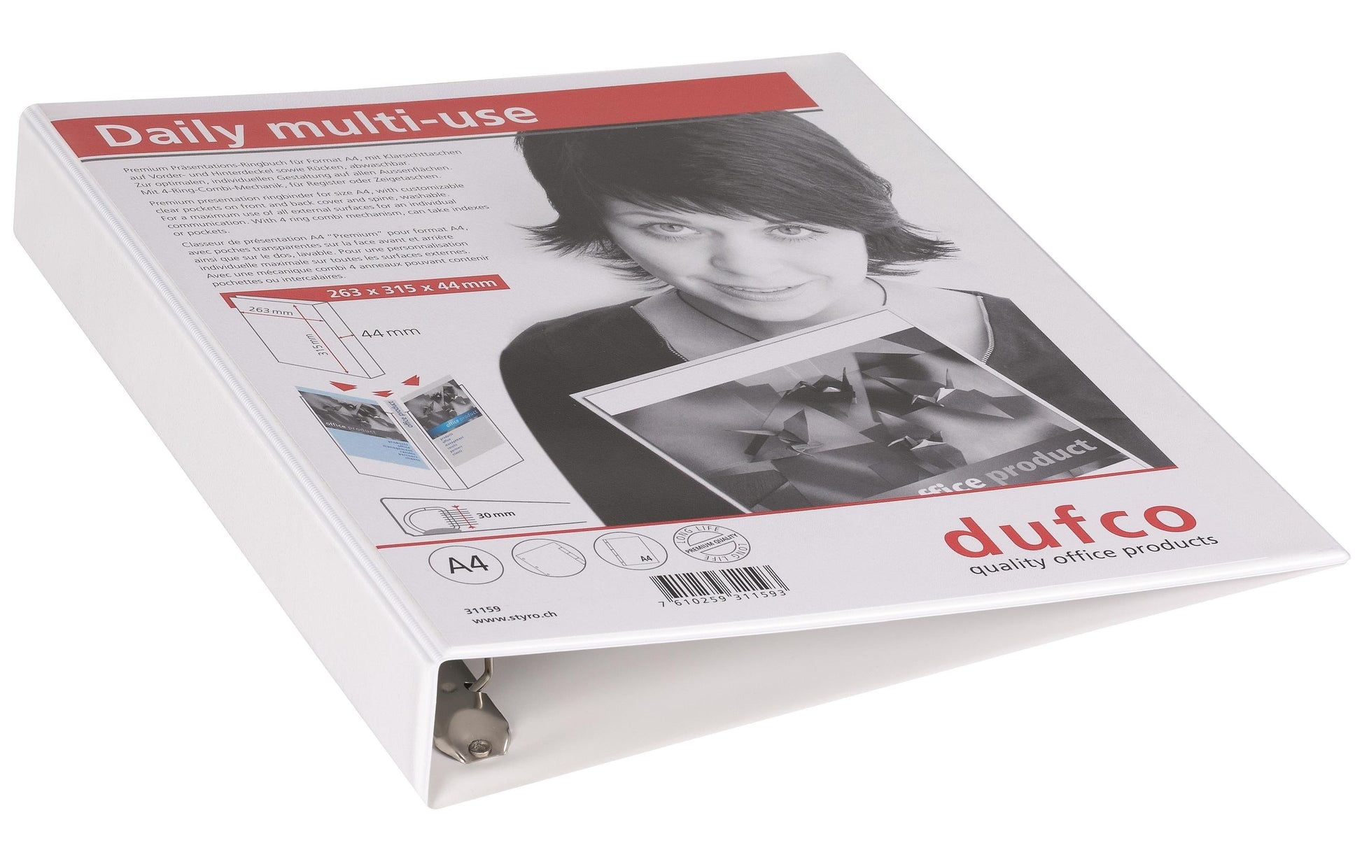 Dufco Präsentationsringbuch – 4-Ring Ø 30 mm – für A4 – Rückenbreite 4,4 cm – mehrfarbig