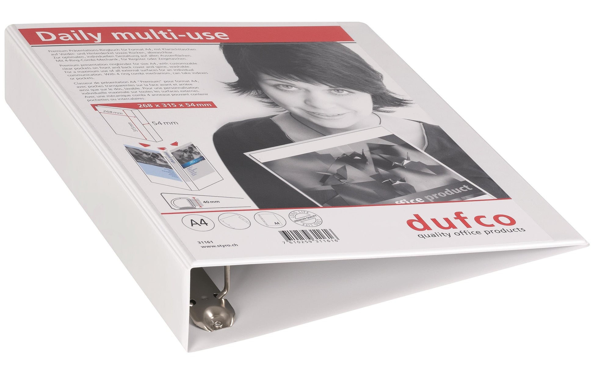 Dufco Präsentationsringbuch – 4-Ring Ø 40 mm – für A4 – Rückenbreite 6 cm – Weiss