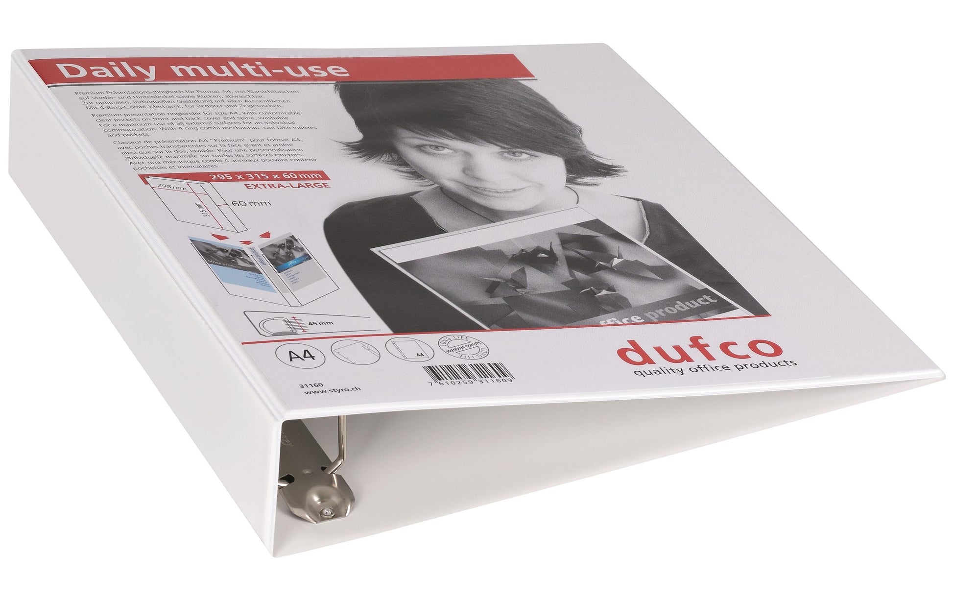 Dufco 31160 Präsentationsringbuch – 4-Ring Ø 45 mm – für A4 – Rückenbreite 5,4 cm – mehrfarbig