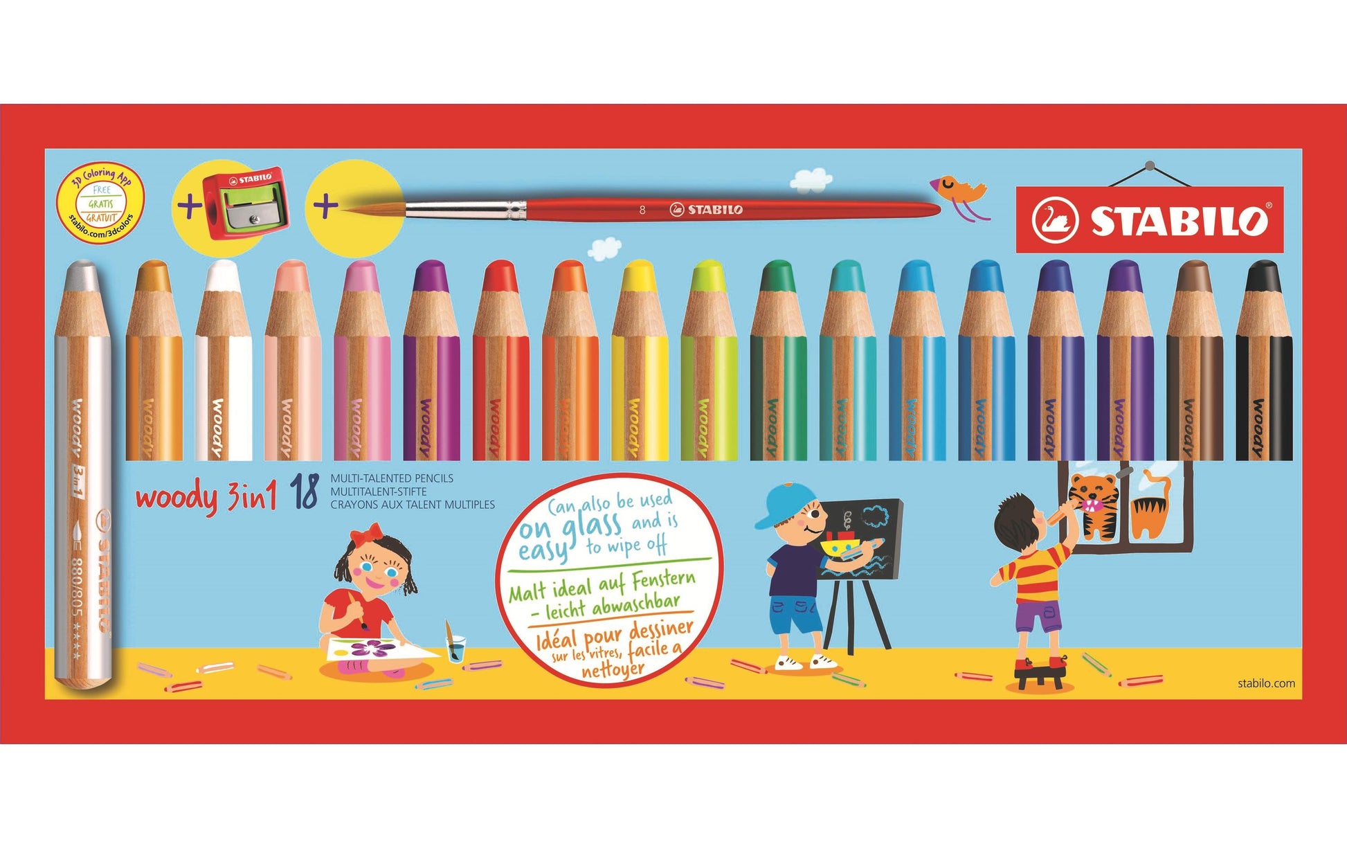 STABILO 3-in-1 Farbstifte woody – 18 Farben, im Kartonetui, mit Spitzer und Pinsel, Ø 4,2 mm, PEFC
