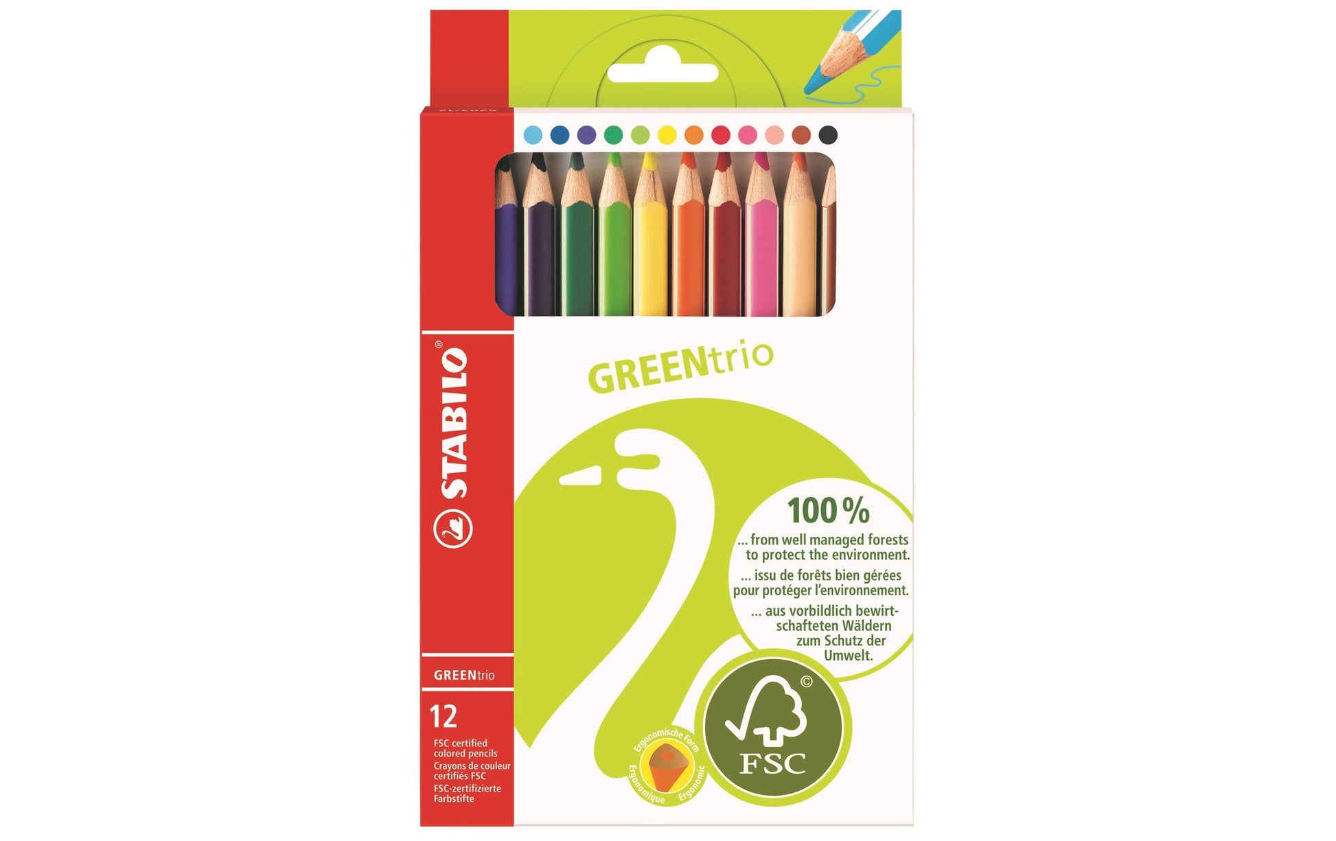STABILO Buntstifte GREENtrio – Dreikant, Minen-Ø 4,2 mm, 12 Farben, im Kartonetui